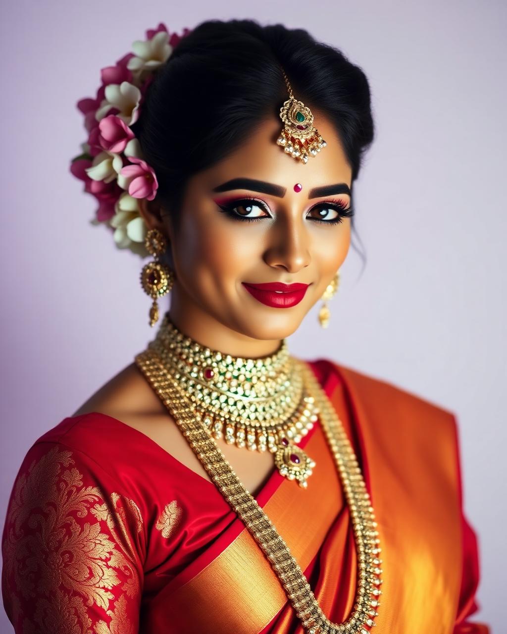 Traditional Hindu Tamil bride styled with jasmine flowers and temple jewellery