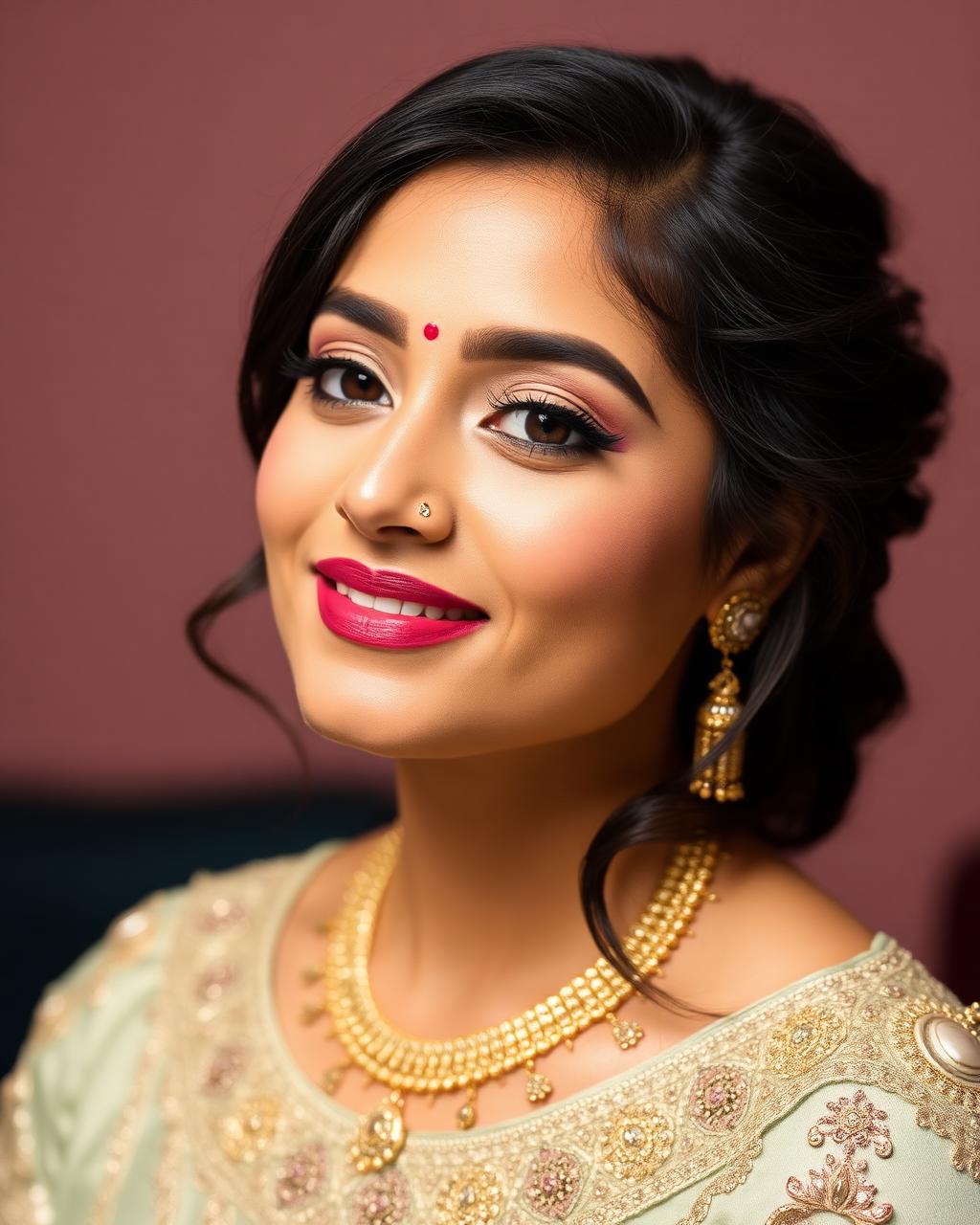 Engagement styling with elegant hair and gold jewellery