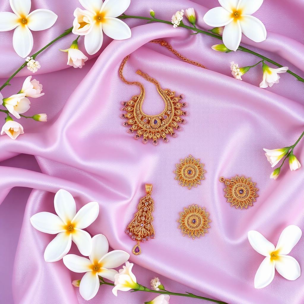 Bridal gold jewellery flatlay on lavender silk